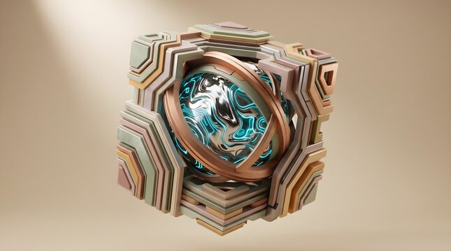 Abstract 3d sci-fi hypercube box with glowing neon liquid energy core sphere