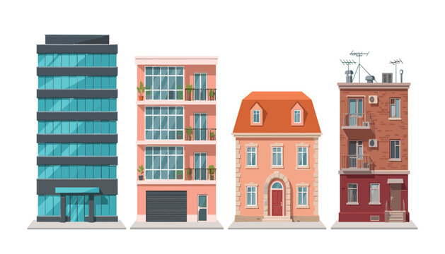 Modern urban residential buildings set with glass skyscraper apartment house garage and brick city facades isolated vector illustration
