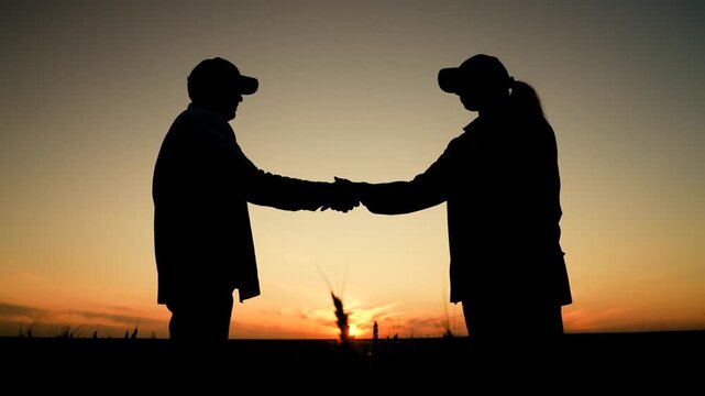 rural partnership: handshake over ripening grain, sustainable farming alliance sealed by handshake, woman farmer and man review tablet data over wheat field., farmer woman explains tablet readings to