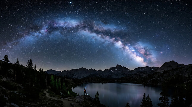 Milky way galaxy over calm lake at night