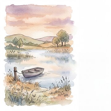 a quiet lakeside at dawn with mist over still water and distant reeds scene