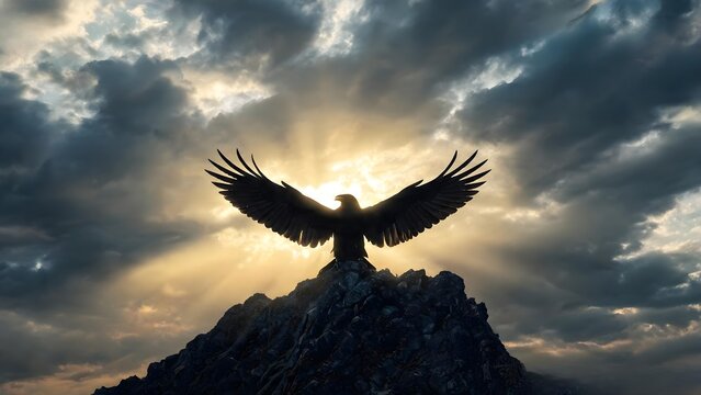 Majestic eagle silhouette wings spread wide mountain peak sunset dark dramatic clouds.