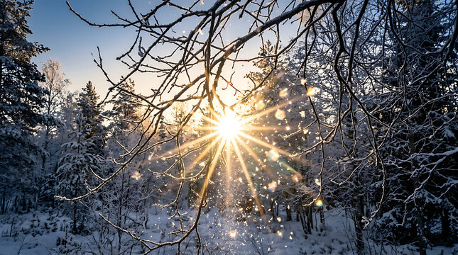 Sunlight shining through snowy pine trees