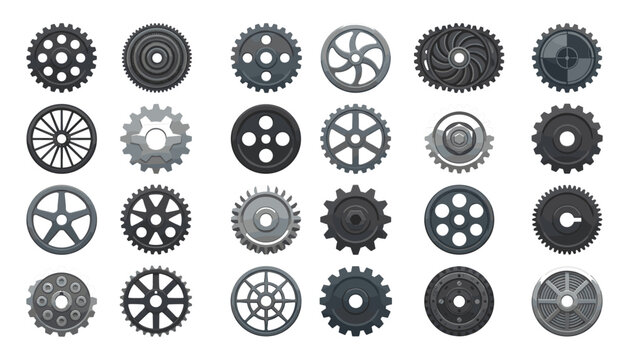 Mechanical gears and cogs vector icon set collection illustration of industrial machinery parts metal wheels and sprockets