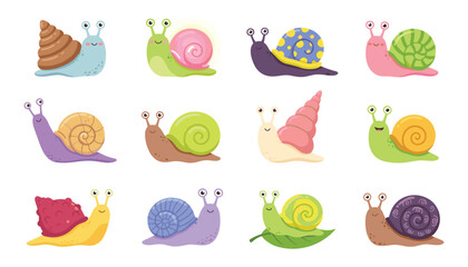 Cute cartoon snail character collection vector illustration of colorful garden gastropods with funny shells isolated on white background © BULU
