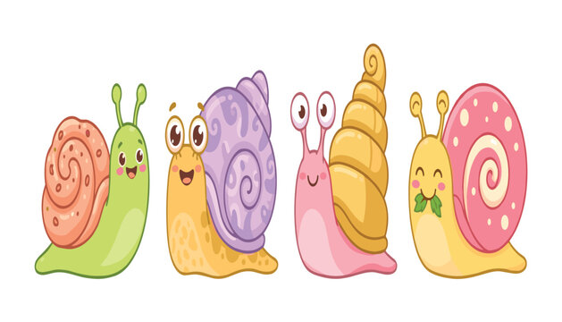 Cute cartoon snails set with happy expressions colorful spiral shells mollusk characters for children isolated vector illustration