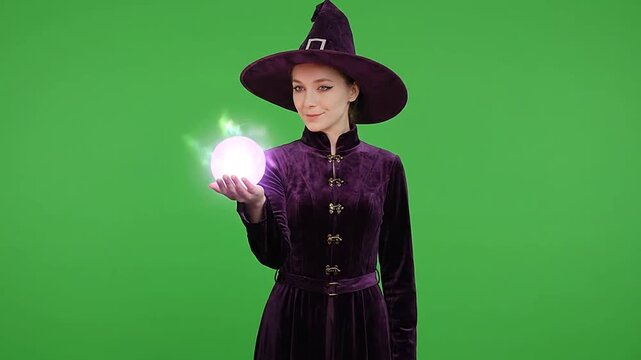 Young witch casting spells with glowing magic orb on green screen
