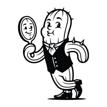 Cartoon cactus character wearing a vest looking at reflection in a handheld