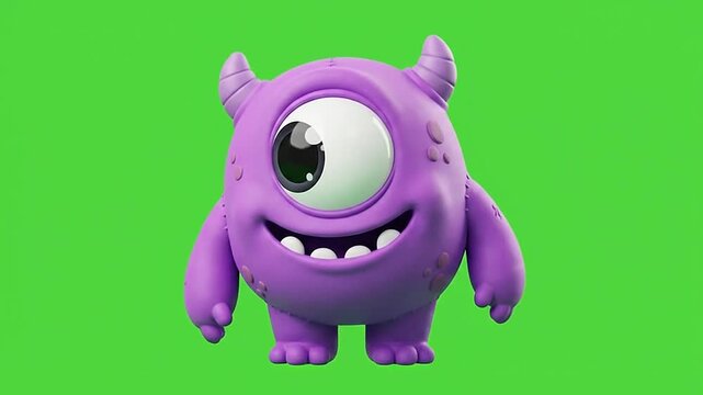 Purple cyclops monster characters looking around on green screen