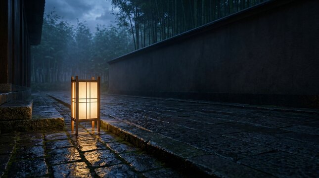 Warm glowing andon lantern illuminating wet stone pathway along traditional wall and bamboo grove at dusk