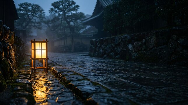 Traditional wooden lantern lighting wet stone walkway between historic stone walls in ancient town at night