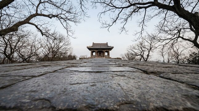 Dramatic low angle shot of ancient stone pavement leading toward traditional wooden pavilion under winter sky