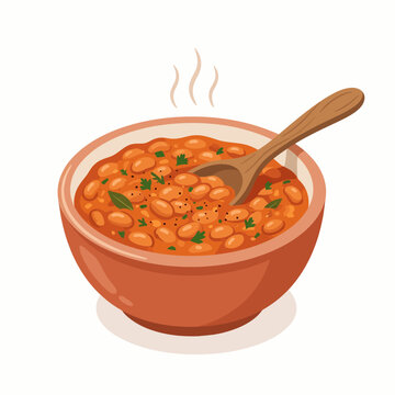 A bowl of baked beans in tomato sauce with herbs, presented in a warm and comforting flat illustration.