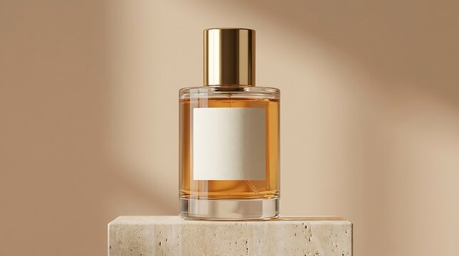 Luxury glass perfume bottle with gold cap on a stone pedestal for branding and beauty product display. personalized perfume vial