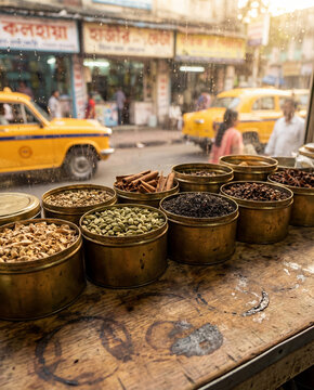 Masala chai spices displayed in brass tins at a traditional Kolkata street tea stall, with ginger, cardamom, cinnamon, black tea and star anise against a rainy Bengali market street