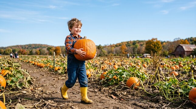 Joyful young boy carrying a large pumpkin through a vibrant autumn pumpkin patch with a barn in the background