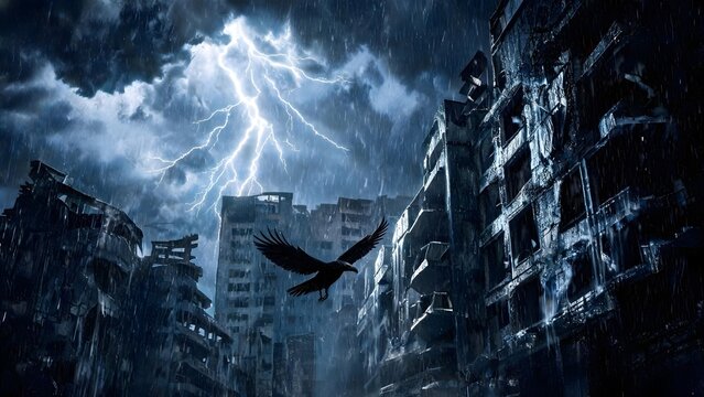Dark storm clouds bright lightning flashes ruined buildings black raven heavy pouring rain.