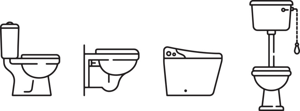Set of four different toilet bowl icons in a simple black and white line art vector style
