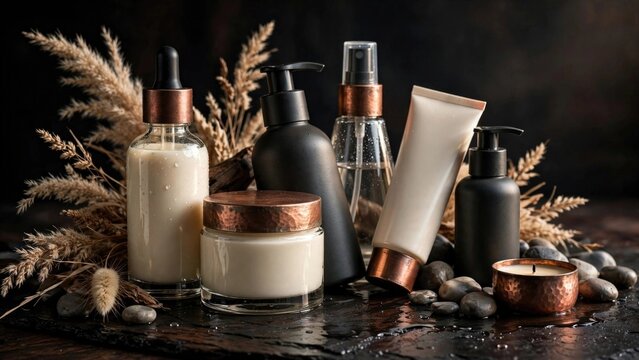 Spa Skincare Products Display with Natural Botanical Elements