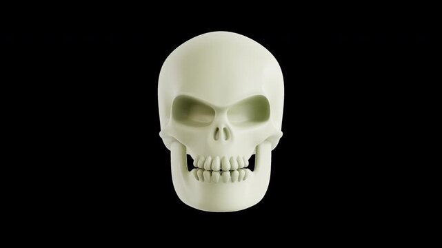 3D stylized human skull head talking and laughing in seamless loop, smooth 3D cartoon motion graphic animation on transparent alpha channel background, ideal for Halloween party promo overlay.