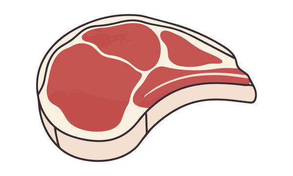 Stylized raw pork chop with bold flat colors and clean contours isolated on a white background. Culinary and food cooking concept