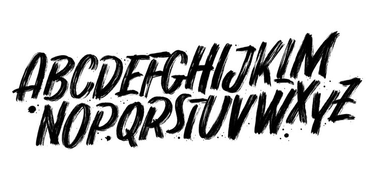 Lettering font isolated on black background. Texture alphabet in street art and graffiti style. Grunge and dirty effect. Vector brush letters.