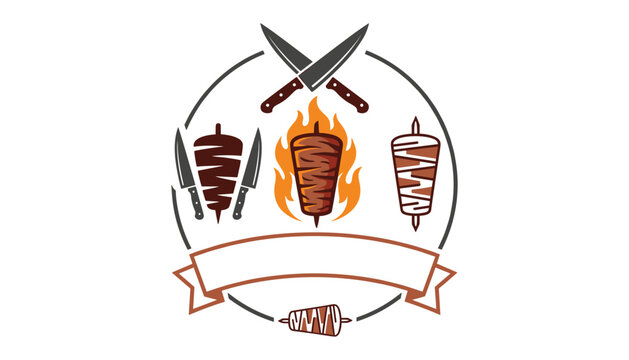 Doner kebab and shawarma restaurant logo badge vector design template with roasting meat spits flame and chef knives
