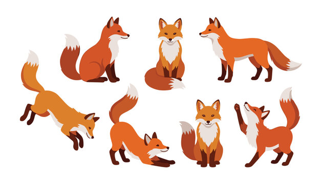 Cute red fox character vector illustration set showing various poses like jumping sitting and playing isolated on white background