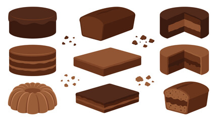 Fototapeta premium Set of assorted chocolate cakes, brownie and loaf slices, delicious bakery desserts, pastry icon collection, sweet treats for menu design