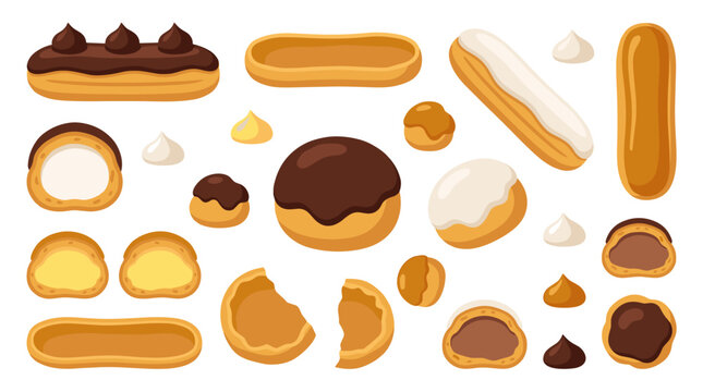 Isolated set of eclairs and cream puffs with chocolate and vanilla icing, pastry shop collection, delicious baked desserts, sweet treats for menus