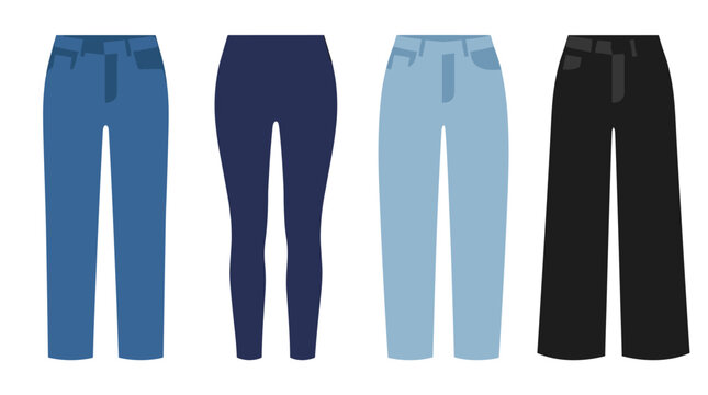 Set of four trousers and denim jeans in varied colors and cuts, flat vector apparel templates for fashion design, clothing store inventory