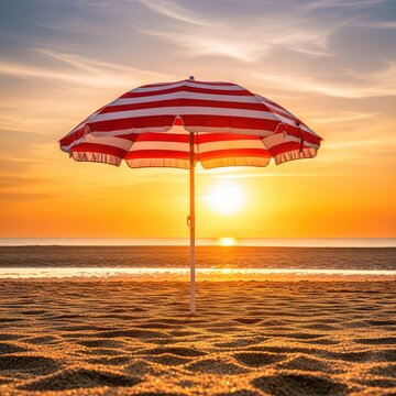 A vibrant retro beach scene featuring a classic striped parasol standing in golden sand under a bright sun with a warm vintage film grain, wave, turquoise, tourism
