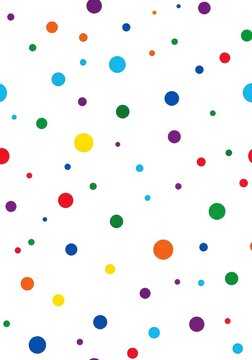 A vibrant seamless pattern featuring a diverse collection of multicolored circles and dots arranged randomly on a clean, solid background, vibrant, fabric, dots
