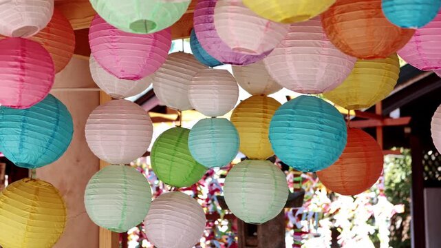 Colorful Japanese paper lanterns hanging in a temple