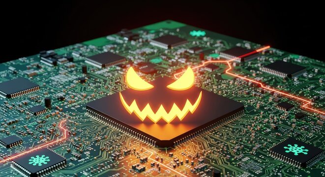 Creepy digital pumpkin smile glowing on a complex electronic circuit board surface representing cybersecurity threats and computer viruses, circuit board, motherboard, dangerous