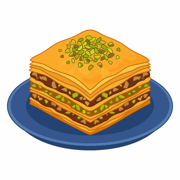 A piece of baklava with layered phyllo dough, nuts, and honey syrup, presented in a rich and colorful flat dessert illustration.