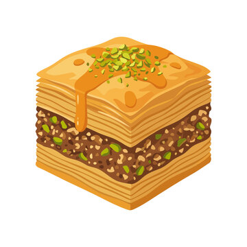 A piece of baklava with layered phyllo dough, nuts, and honey syrup, presented in a rich and colorful flat dessert illustration.