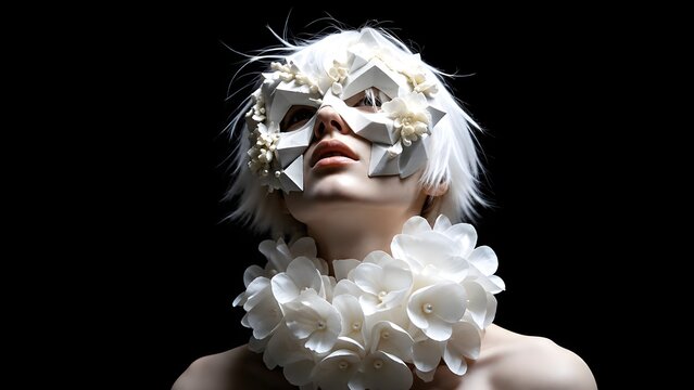 Avant-garde fashion portrait of a model wearing a geometric white mask and floral collar against a dark background