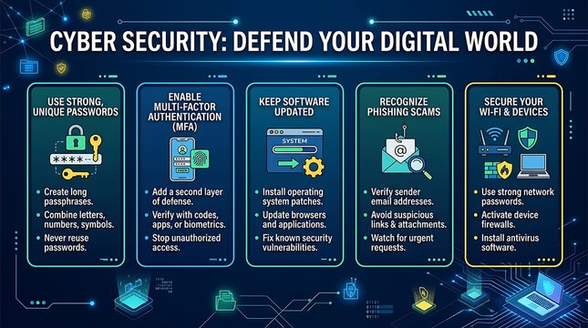 Cyber security infographic with digital world defense tips. Network protection guide for passwords and MFA. Data privacy and phishing awareness poster.