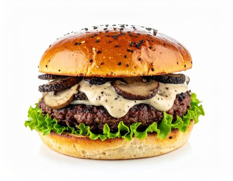 savory mushroom beef burger with melted cheese and fresh green lettuce
