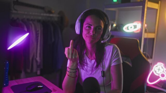 Woman wearing headset shows middle finger and smirks in studio gaming setup; defiance playful attitude.