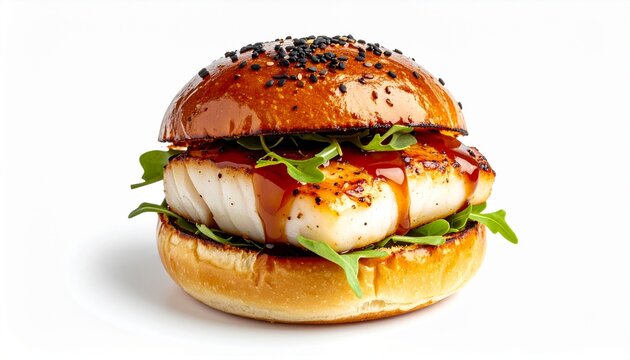 grilled fish fillet burger with fresh greens on toasted sesame bun