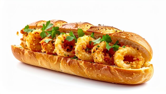crispy fried calamari rings sandwich on crusty baguette with fresh greens