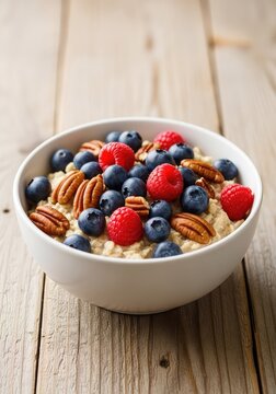 Fresh bowl of organic oatmeal topped with blueberries, raspberries, and crunchy pecans served on a rustic wooden table for a healthy meal, delicious, healthy, nuts
