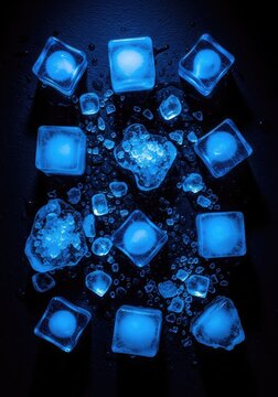 Overhead view of various ice shapes including cubes and crushed fragments illuminated with blue light against a deep black surface texture, cooling, frozen, beverage