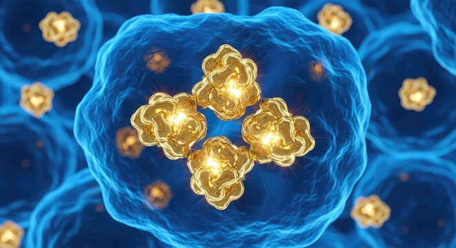 Vibrant microscopic view of golden endorphin molecules shimmering within a deep blue biological cellular environment with soft light pulses, neurochemistry, fluid, brain