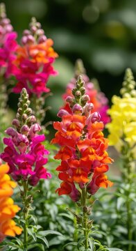 Vibrant snapdragons bloom with tall, colorful flower spikes under the bright summer sun in a lush green garden setting with soft bokeh, yellow, vibrant, plant