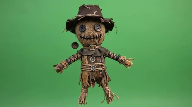 Scarecrow burlap doll dancing on green screen background