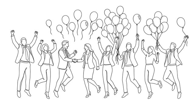 Group of happy people jumping with balloons, black line art drawing expressing celebration, joy, achievement, team success and unity