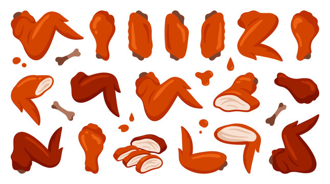 Set of deep fried crispy chicken wings and drumsticks with bone, juicy meat texture, savory fast food menu items for restaurant advertising